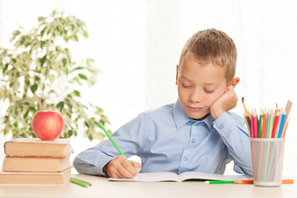Young schoolboy is going to do homework - 写真・画像