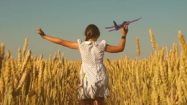Gelukkig meisje rent met een speelgoedvliegtuig op een tarweveld onder een blauwe hemel. kinderen spelen een speelgoedvliegtuigje. tiener droomt van vliegen en piloot worden. meisje wil piloot en astronaut worden - Video