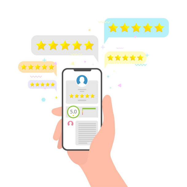 hand houden telefoon en sterren beoordeling feedback beoordeling. perfecte vijf sterren review concept. beoordeling ten opzichte van mobiele telefoon social media concept van de mening van de gebruiker. vlakke stijl vector geïsoleerd voor web. - Vector, afbeelding