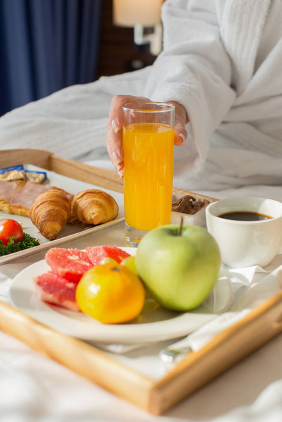 Breakfast served in hotel bed - Photo, Image