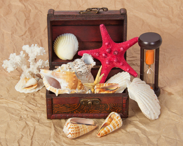 Conchas do mar, cockleshells, estrelas-do-mar em um peito e ampulhetas em papel velho
 - Foto, Imagem