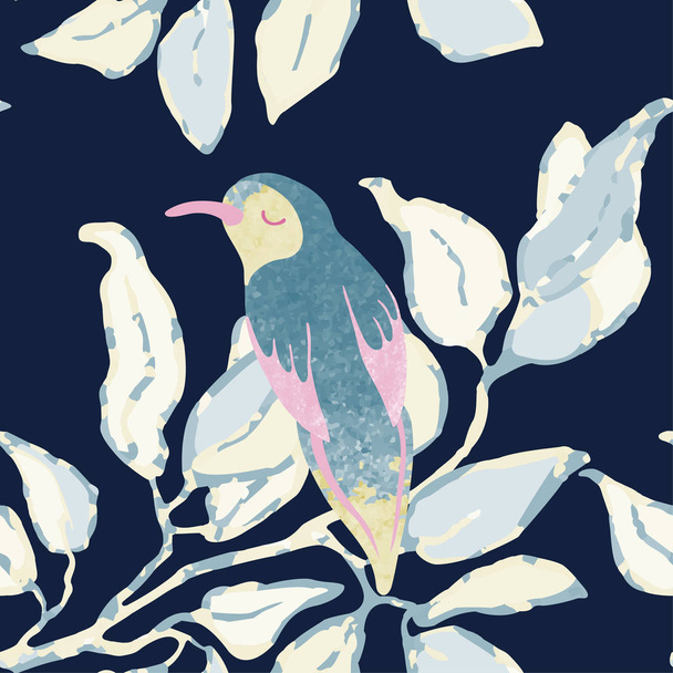 Seamless background with leaves and birds - Vector, Image