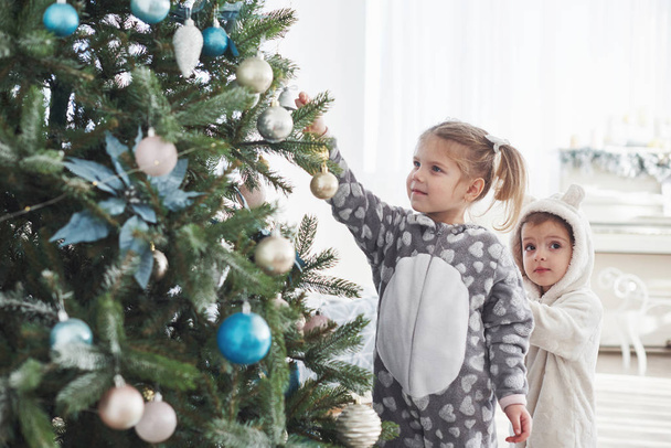 Merry Christmas and Happy Holidays! Young girls helping decorating the Christmas tree, holding some Christmas baubles in her hand. - Valokuva, kuva