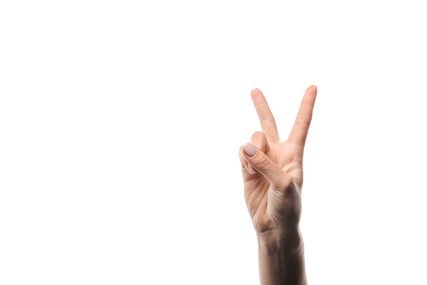 bijgesneden beeld van vrouw tonen vrede teken geïsoleerd op wit  - Foto, afbeelding