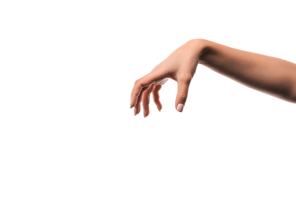 vista recortada de la mujer con espeluznante mano aislada en blanco
  - Foto, imagen