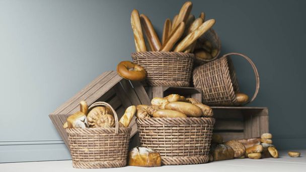 3d render of various buns, bread and baguette in rustic baskets on grey colored background - Photo, Image