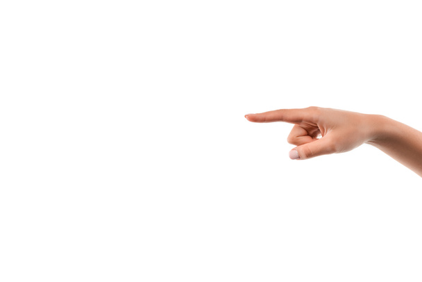 cropped view of woman pointing with finger isolated on white  - Photo, Image