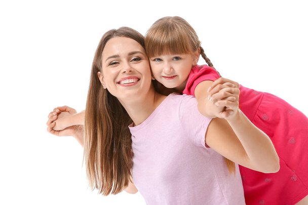 Retrato de mãe e filha feliz no fundo branco
 - Foto, Imagem