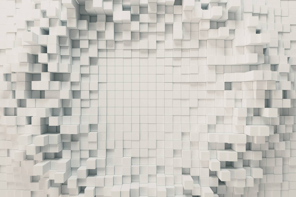Fundo de onda abstrato com cubos brancos em movimento. Conceito geométrico com caixas ou colunas aleatórias. Modelo de design de movimento. Ilustração 3d. Composição tecnológica. Ondulação radial
. - Foto, Imagem