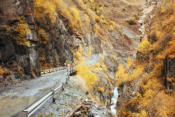 Fantastic golden autumn landscape between the rocky mountains in Georgia. Stone road. Europe - 写真・画像