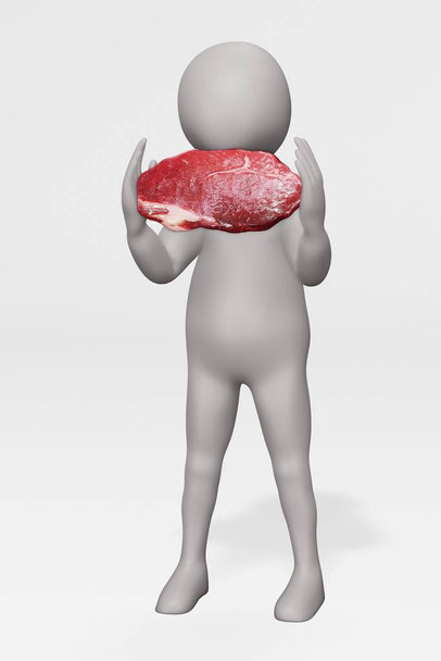 3d Render van karakter met Beaf Steak - Foto, afbeelding