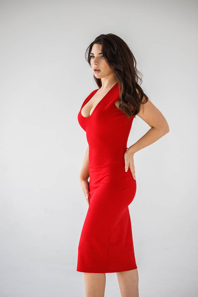 Stylish studio portrait of beauty brunette woman in red dress posing on grey wall background   - Foto, Imagem