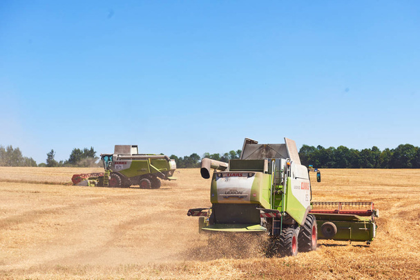 ТЕРНОПИЛ - 20 июля 2017 года в Тернополе во время уборки урожая несколько комбайнов прорезают полосу посередине пшеничного поля
. - Фото, изображение