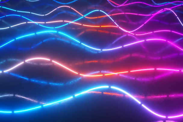 Futurista neon superfície brilhante feita de linhas brilhantes. Fundo de movimento abstrato. Espectro de sinal ultravioleta, show de laser, energia, vibrações sonoras e ondas. ilustração 3d
 - Foto, Imagem