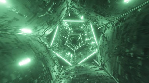 Endloser Flug in einem futuristischen technologischen digitalen Neon-Tunnel im All. Grünes Licht. 3D-Illustration - Foto, Bild