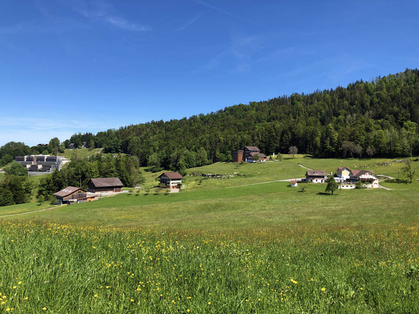 Venkovské farmy a pastviny na svazích pohoří Brgenstock (Buergenstock nebo Burgenstock) nad jezerem Luzerne nebo Vierwaldstaettersee (Vierwaldsattersee) - Kanton Nidwalden, Švýcarsko - Fotografie, Obrázek