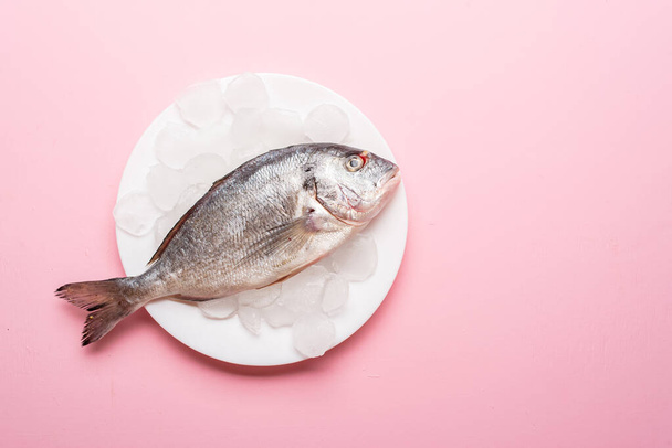 top view of delicious raw fish on white plate on pink background - Фото, изображение