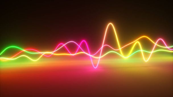 Πολύχρωμο φωτεινό νέον λαμπερό γραφικό ισοσταθμιστή. Πολύχρωμο φάσμα σήματος, laser show, ενέργεια, ηχητικές δονήσεις και κύματα. 3D εικονογράφηση - Φωτογραφία, εικόνα