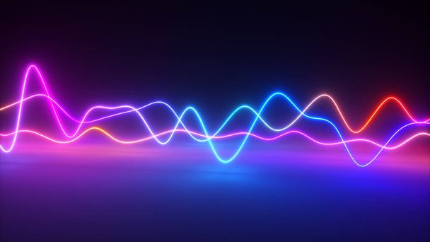 Colorful bright neon glowing graphic equalizer. Ultraviolet signal spectrum, laser show, energy, sound vibrations and waves. 3d illustration - Photo, Image