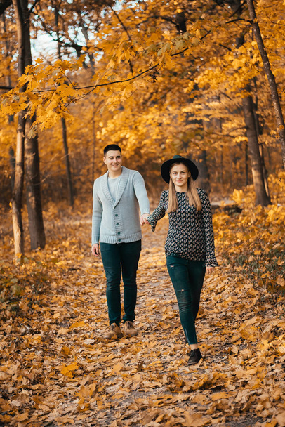 beautiful happy young couple holding hands and walking in autumn park - Fotografie, Obrázek