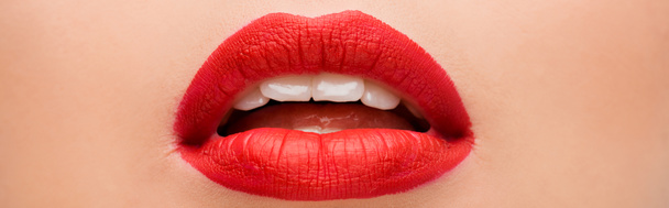 Panoramaaufnahme einer jungen Frau mit rotem Lippenstift  - Foto, Bild