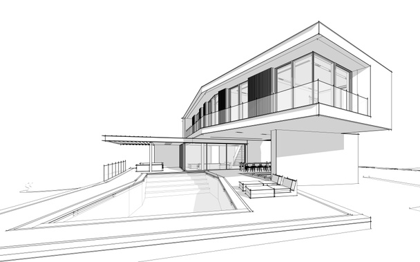 3D απόδοση του σύγχρονου σπιτιού στο λόφο με μαύρη γραμμή στην πισίνα - Φωτογραφία, εικόνα
