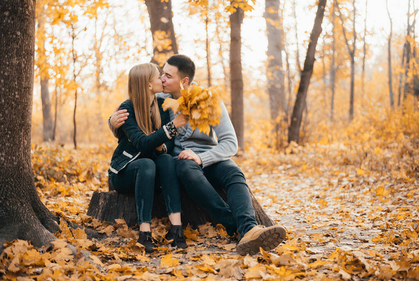 beautiful happy young couple sitting together and kissing in autumn park - 写真・画像