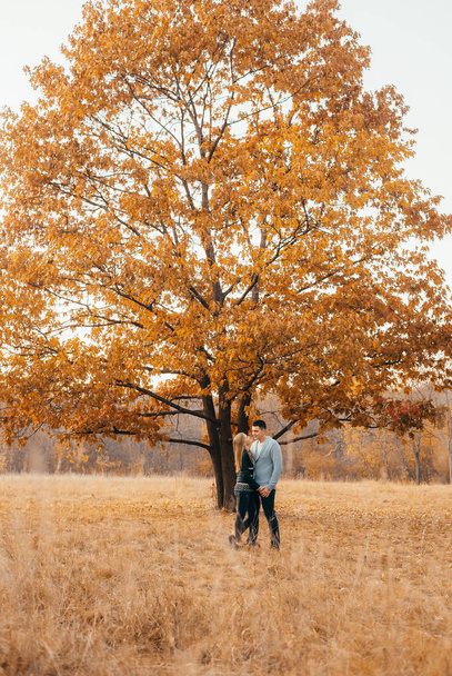 beautiful happy young couple standing together and hugging in autumn park  - Fotó, kép