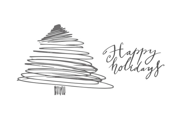 Happy Holidays belettering zinnen en grafische illustraties kerstboom template. Wenskaart uitnodiging met kerstzinnen. Vintage illustratie. - Vector, afbeelding