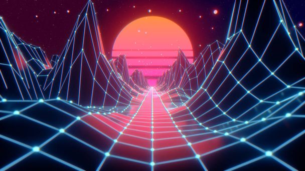 Retro futuristic flight in space with a polygonal mesh on the generated hills and floor. Concept 80s 90s. Fantastic abstract neon background. 3d illustration - Photo, Image