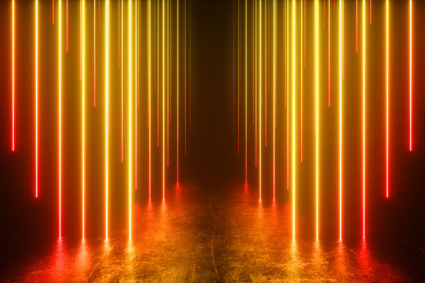 endloser Korridor mit Neonlinien, die nach oben tendieren. Metall reflektierenden Boden zerkratzt. 3D-Illustration. modernes buntes Neonlichtspektrum - Foto, Bild