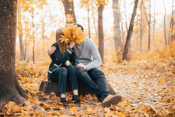 beautiful happy young couple sitting together and kissing in autumn park - Zdjęcie, obraz