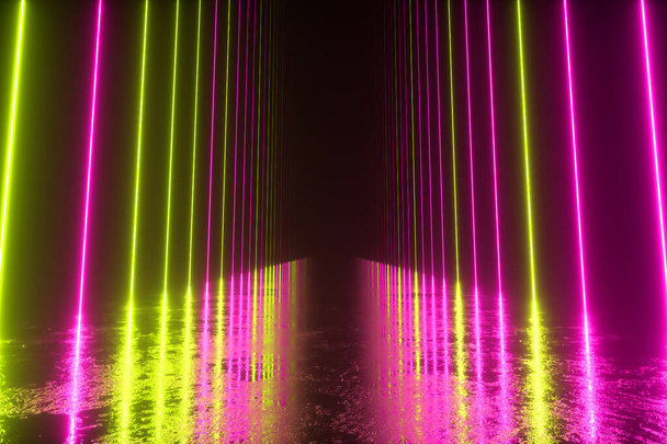 Uçsuz bucaksız koridorda neon hatları yükseliyor. Metal yansıtıcı zemini çizmiş. 3 boyutlu illüstrasyon. Modern renkli neon ışık tayfı - Fotoğraf, Görsel
