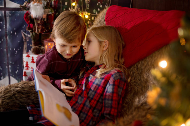 Cute brother and sister sitting around christmas tree, reading b - Valokuva, kuva
