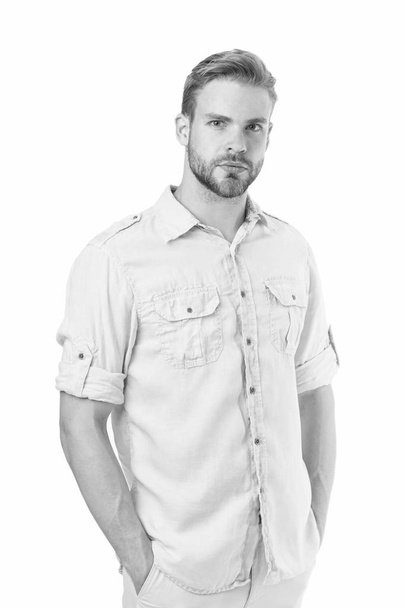 Fashion shop. Man with stylish hair and healthy skin. Guy with unshaven face and mustache. Beard grooming and hair care in barbershop. Well groomed handsome man isolated white background. Bearded man - Zdjęcie, obraz