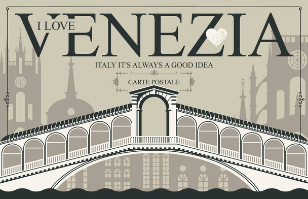 Vintage vector postcard with Rialto bridge, Venezia - Vector, Image