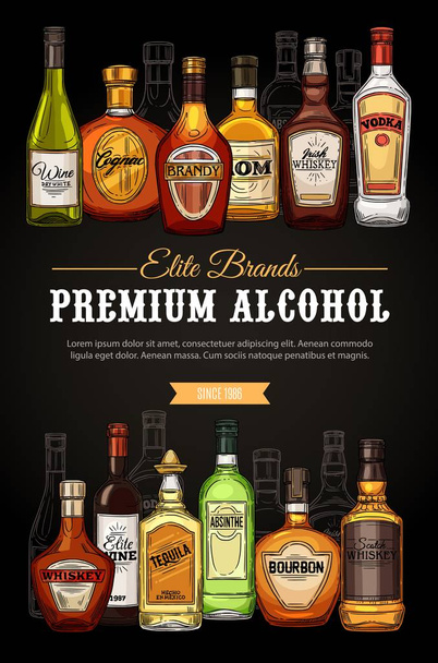 Premium drinks and alcohol beverages, sketch - Vector, Image