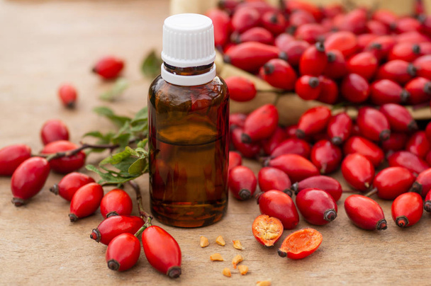 Rose-hips and rose hip seed oil on the wooden table. Rose hip  commonly known as rose hip (Rosa canina).  - Photo, Image