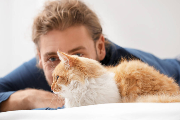 Hombre con gato lindo en el dormitorio
 - Foto, Imagen
