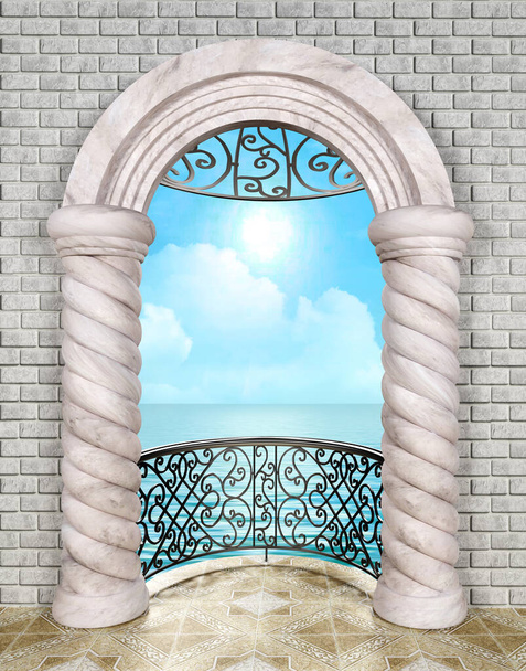 Арочний балкон зі скрученими колонами і кованими поручнями 3D
  - Фото, зображення
