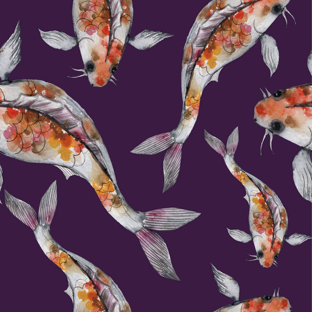 seamless pattern with dragons and chinese elements: house, lanterns, fish, golden - Foto, Bild