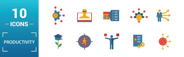 Productivity icon set. Include creative elements skill, time management, coffee break, work plan, daily tasks icons. Can be used for report, presentation, diagram, web design - Vector, Image