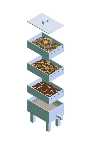 Vermikompostierung, gestreifte Würmer, die organische Abfälle aus der Küche verarbeiten, ein selektiver Ansatz. der ökologische Ansatz. Keine Verschwendung. Kompostierung von Biomüll. Müll recyceln. Isometrie - Vektor, Bild