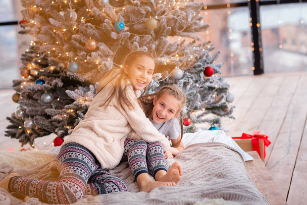 Happy kids having fun near christmas tree - Fotoğraf, Görsel
