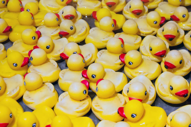 Suyun üzerindeki gölde bir sürü sarı plastik ördek. - Fotoğraf, Görsel