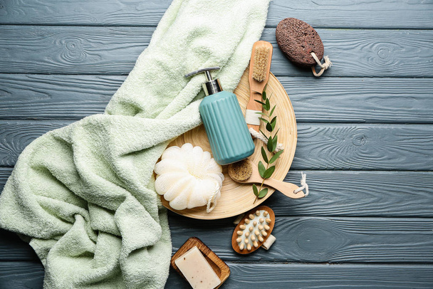Set of bath accessories on wooden background - Фото, зображення