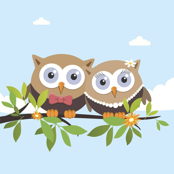 Couple of owls on a spring day. Vector illustration - ベクター画像
