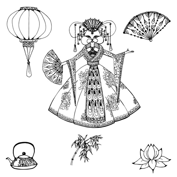 Китайская мышь - принцесса, символ нового года, набор из 6 рисунков на разных слоях, изолированные объекты на белом фоне, 2020 Китай
  - Вектор,изображение