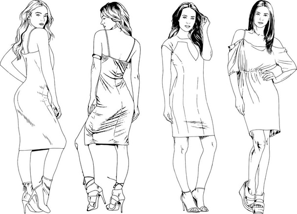dibujos vectoriales sobre el tema de la hermosa chica deportiva delgada en ropa casual en varias poses pintado boceto de mano de tinta sin fondo - Vector, imagen