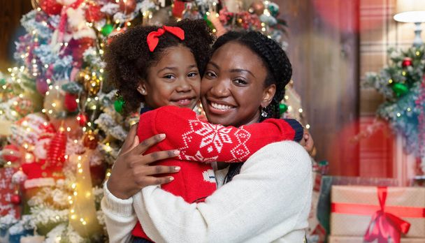 Portrait de heureuse mère et fille noire posant près de l'arbre de Noël
 - Photo, image